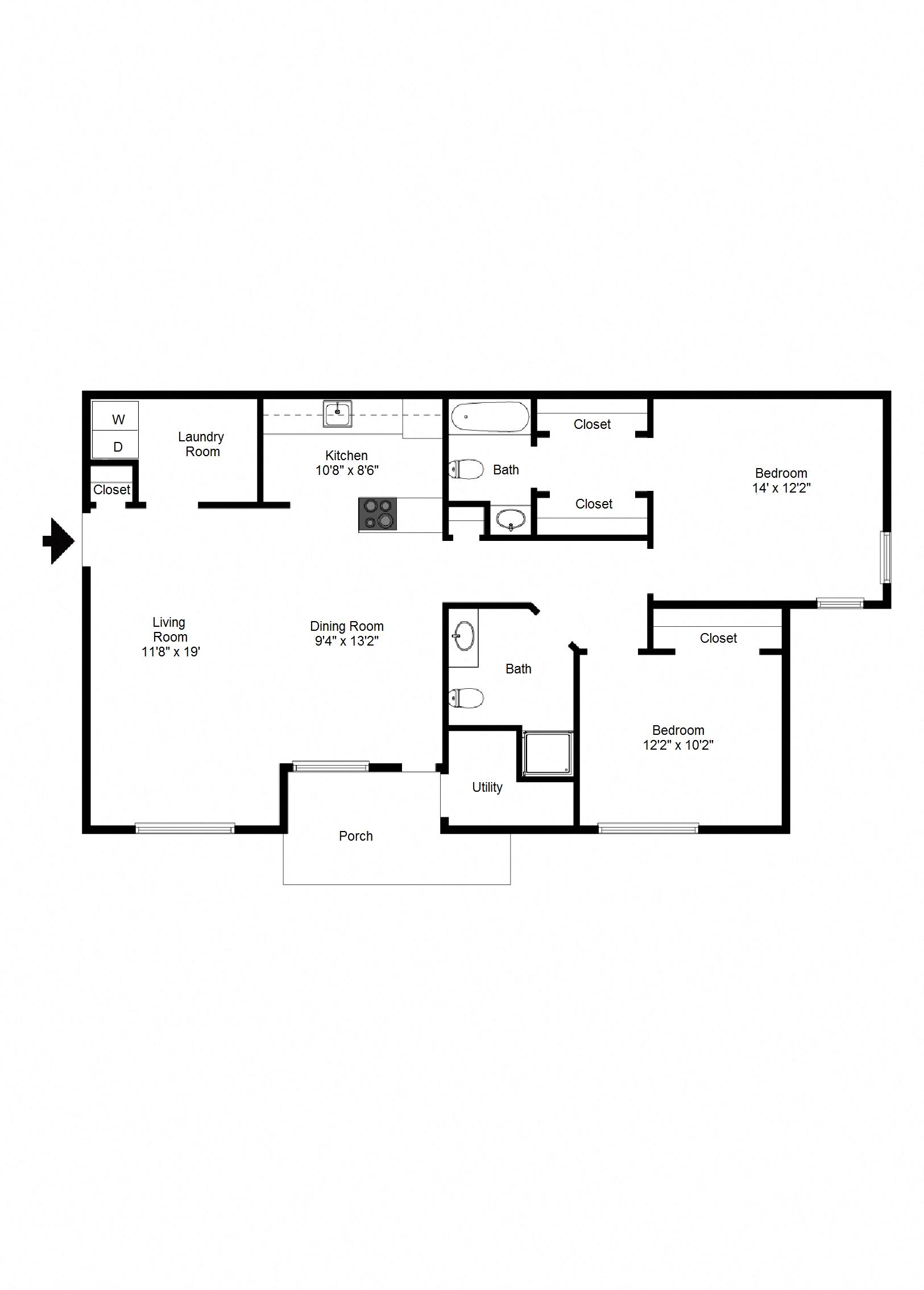 Floor plan for 2 beds, 2 baths, 1135 sqft